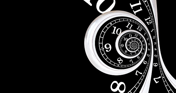 Abstract black and white background made of a twisted watch face. Creative time vortex concept.