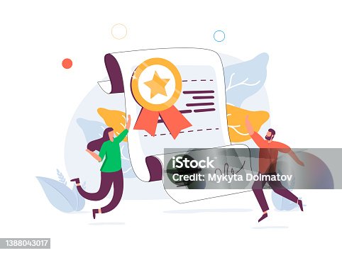 istock Landing page template with happy bearded woman and document with wafer seal and ribbon. Concept of online professional. 1388043017