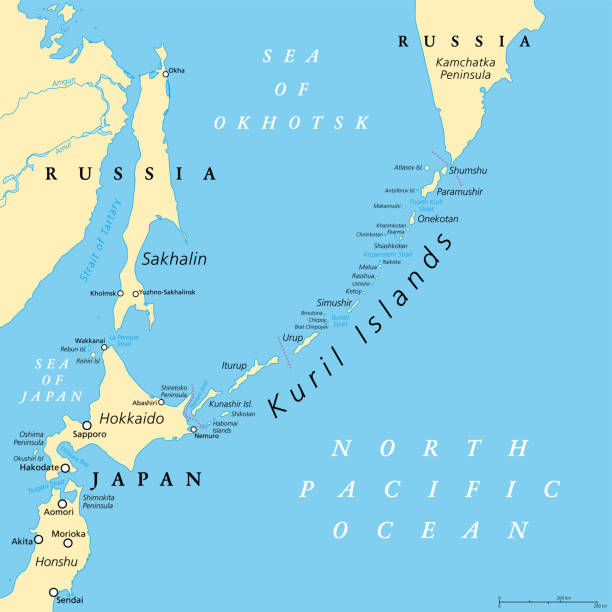 wyspy kurylskie, od hokkaido po półwysep kamczatka, mapa polityczna - kunashir island stock illustrations