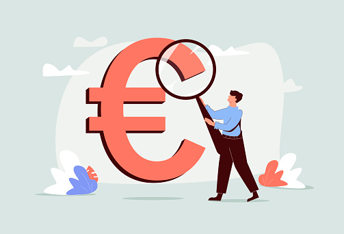 Financial analyst to check for Europe economy, debt or currency, investment analysis or analyze expense and cost concept, smart businessman with magnifier to look and analyze Euro money symbol.