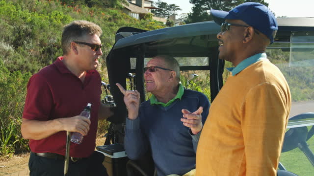Happy retired male golfers talking at golf cart