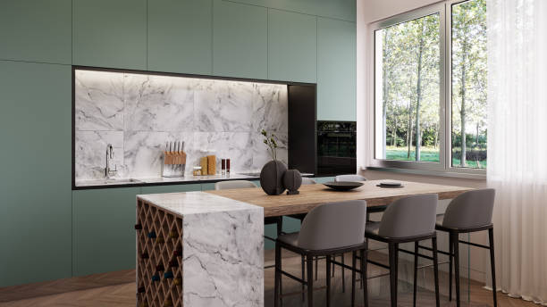 istock Modern green kitchen interior design with white marble details 1388046318