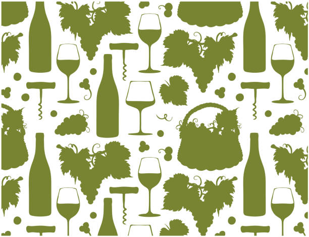 wzór rysowania butelki zielonego wina, winogron w koszu, kieliszek z napojem alkoholowym, szampan na białym tle. - agriculture purple vine grape leaf stock illustrations