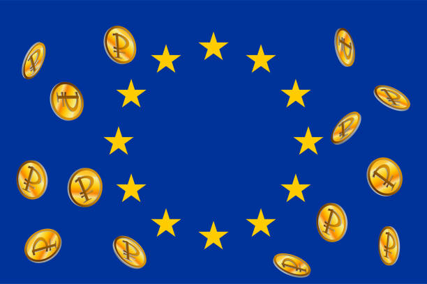 ilustraciones, imágenes clip art, dibujos animados e iconos de stock de ilustración de monedas con signo de euro y signo de rublo. el concepto de la crisis financiera en el mundo a partir de la situación en ucrania - coin euro symbol european union currency gold