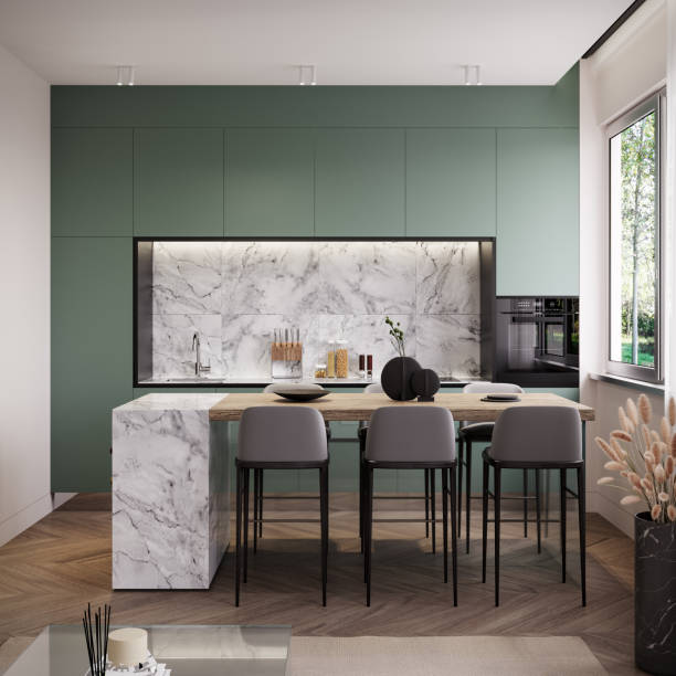 istock Modern small apartment interior with green kitchen and white marble details 1388047711