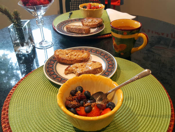 Healthy Morning Breakfast With Fruit,Granola And Peanut Butter