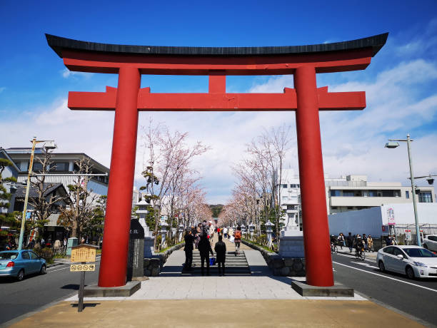 torii portão que leva ao santuário tsurugaoka hachimangu de kamakura, japão - kamakura japan tourist people - fotografias e filmes do acervo