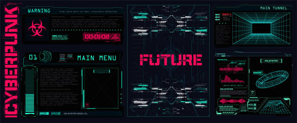 Sci-fi UI collection elements futuristic frames, circle, callouts titles, loading bars, arrows. HUD tech or digital technology game frames and text boxes.  Futuristic info boxes layout templates. Sci-fi UI collection elements futuristic frames, circle, callouts titles, loading bars, arrows. HUD tech or digital technology game frames and text boxes. hud stock illustrations