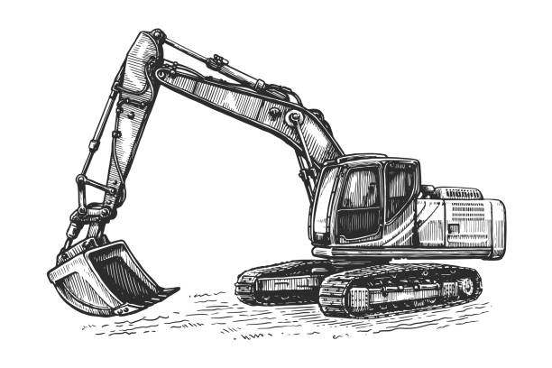 illustrazioni stock, clip art, cartoni animati e icone di tendenza di schizzo scavatore escavatore. illustrazione vettoriale dei lavori di costruzione - earth mover bulldozer construction scoop