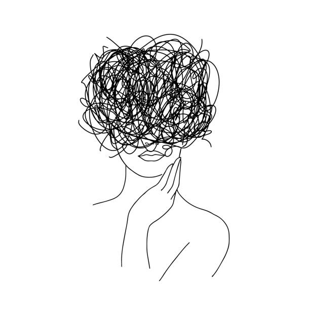 istock Anxiety disorder, depression, mixed emotions. Thinking woman. Messy lines. Minimalistic abstract conceptual female portrait. Linear female body. Modern abstract line art style. 1388053861