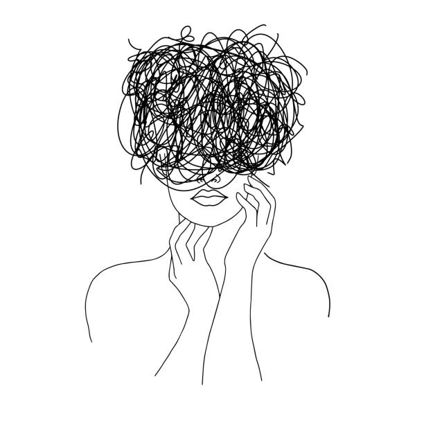istock Anxiety disorder, depression, mixed emotions. Thinking woman. Messy lines. Minimalistic abstract conceptual female portrait. Linear female body. Modern abstract line art style. 1388053870