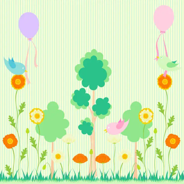 Vector illustration of Clip art background of forest and birds in bloom of poppy flowers