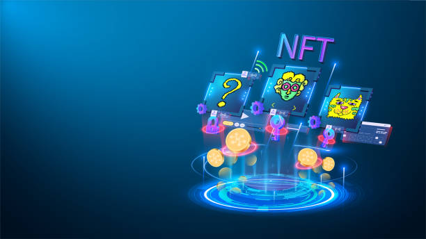 NFT token in artwork. Platform showing NET crypto art hologram. NFT token in blockchain technology in digital crypto art. Pixel art cryptopunks monkey, question and character set. Conceptual banner. NFT token in artwork. Platform showing NET crypto art hologram. NFT token in blockchain technology in digital crypto art. non fungible token stock illustrations
