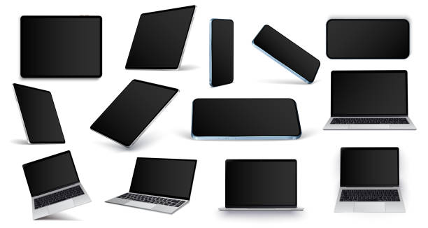 Device poster with floating realistic gadgets mockup with empty screens. Tablet, phone, computer, laptop reflect light in different angles, isolated layouts.  Electronic equipment advertisement banner Device poster with floating realistic gadgets mockup with empty screens. Tablet, phone, computer, laptop reflect light in different angles, isolated layouts. graphics tablet stock illustrations