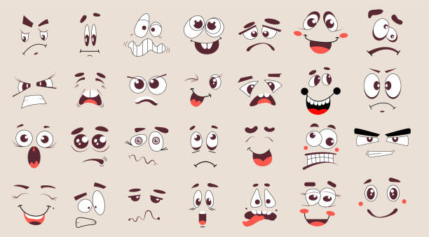 illustrations, cliparts, dessins animés et icônes de visages de dessins animés. expressions faciales drôles, émotions caricaturales. 50s, 60s old animation yeux et bouches éléments. sourire cosmique vintage pour le logo. faces minimalistes vectorielles sur un fond isolé - cruel