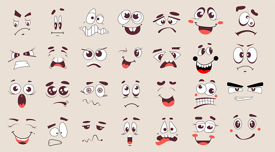 Cartoon Faces Funny Face Expressions Caricature Emotions 50s 60s Old ...