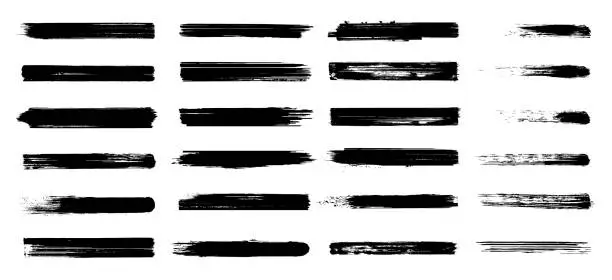 Vector illustration of Large collection of texture brushes and modern grunge brush lines. High-quality manual tracking. Brush strokes of paint. Set of vector isolated elements.  Rough smears and stains. Vector illustration