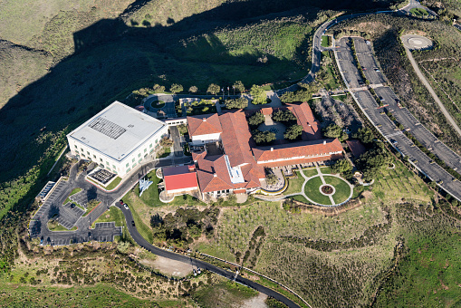Simi Valley, California, USA - March 26, 2018:  Aerial view of Ronald Reagan Presidential Library and Center for Public Affairs near Los Angele in Ventura County, California.