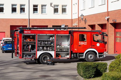 Sopot, Poland - March 26, 2022: red fire truck in the yard of the fire department in Sopot, Poland. New rescue equipment for emergency situations
