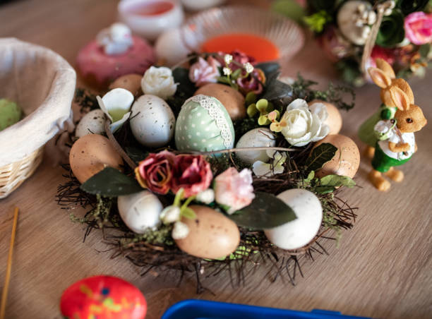 istock Closeup shot of cute Easter eggs and Easter decoration 1388062741