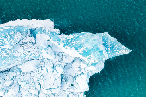Iceland. An aerial view of an iceberg. Winter landscape from a drone. JÃ¶kulsÃ¡rlÃ³n Iceberg Lagoon. VatnajÃ¶kull National Park, Iceland. Traveling along the Golden Ring in Iceland.