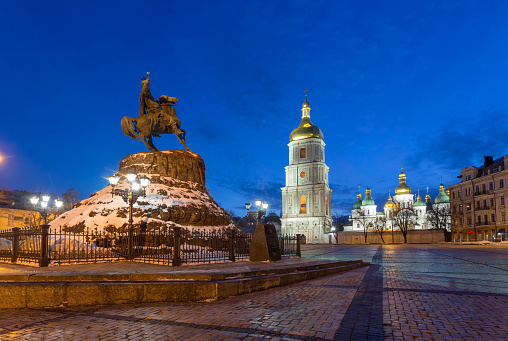 Monument to Bohdan Khmelnitsky On Sofiyivska Square in Kyiv at night, Ukraine. The monument was built in 1888