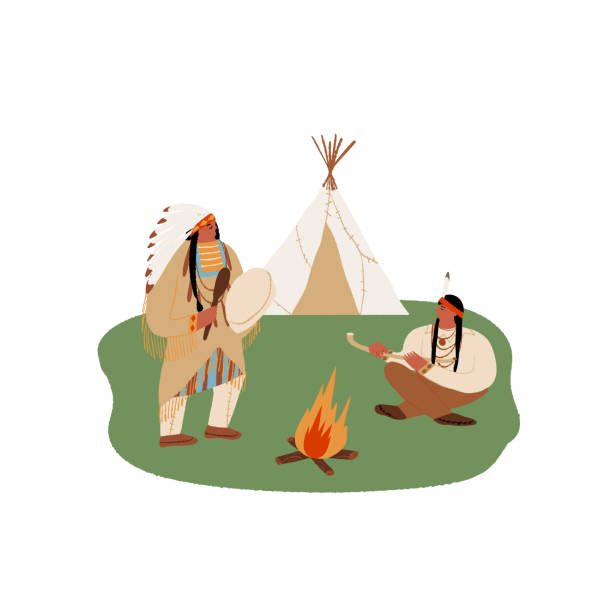 Native Americans near the tepee and the bonfire. Wild West Indian American man in ethnic costume, shaman thumps a drum, another sitting and holding a peace-pipe. Indigenous people of America. Native Americans near the tepee and the bonfire. Wild West Indian American man in ethnic costume, shaman thumps a drum, another sitting and holding a peace-pipe. Indigenous people of America. american tribal culture stock illustrations