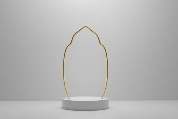 istock Ramadan islam golden arch shaped mosque with white podium background 3d illustration 1388068315