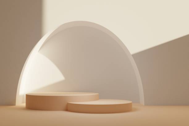 istock Beige geometric podiums with arch and sunlight background 3d illustration 1388068323