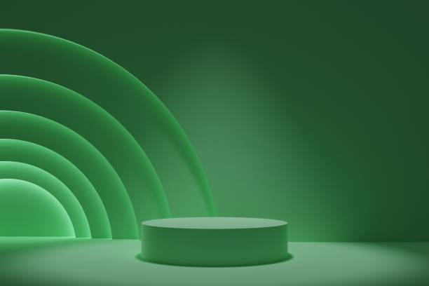 istock Green background tunnel podium with glowing architectural elements 3d illustration 1388068341