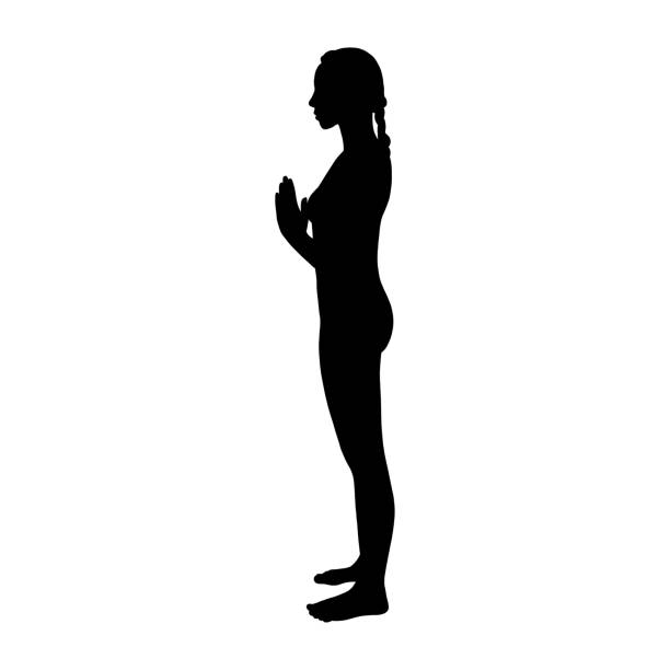 Meditating yogi woman silhouette. Hatha yoga prayer pose. Vector illustration Meditating yogi woman silhouette. Hatha yoga prayer pose. Vector illustration isolated in white background om logo clip art stock illustrations