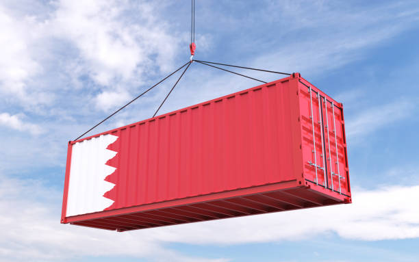istock 3d Rendering of a shipping cargo container with Bahraini Flag loading sky in background stock photo 1388070067
