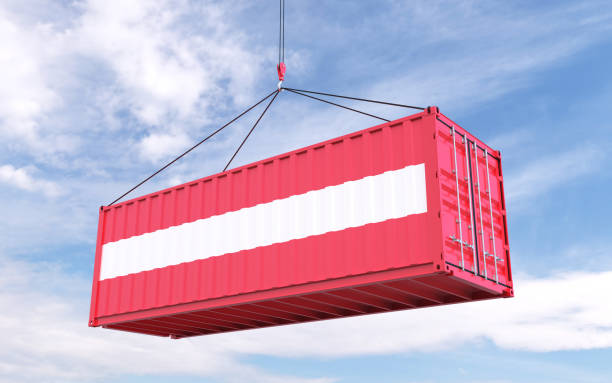 istock 3d Rendering of a shipping cargo container with Austrian Flag loading sky in background stock photo 1388070178