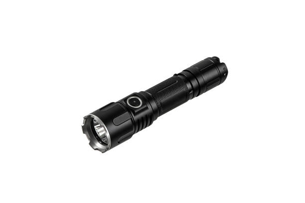 istock Black metal LED flashlight isolate on a white background. Pocket lamp for dark time of day or dark rooms. 1388076023