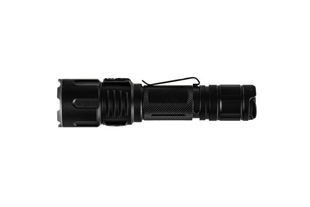 istock Black metal LED flashlight isolate on a white background. Pocket lamp for dark time of day or dark rooms. 1388076026