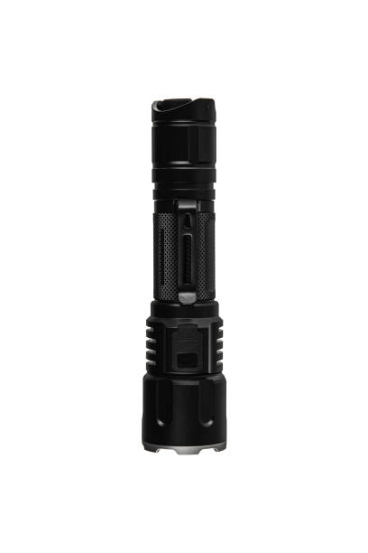 istock Black metal LED flashlight isolate on a white background. Pocket lamp for dark time of day or dark rooms. 1388076035