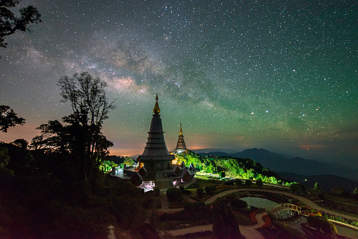 landscape of two pagodas on the Inthanon Mountain at night Chiang Mai Province, Thailand