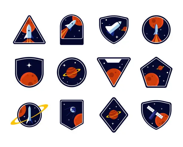 Vector illustration of Set of space badges, patches, emblems, badges and labels. galaxy exploration and astronaut mission vector design.