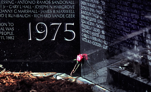 The center point of the V-shaped Vietnam Veterans Memorial in Washington, D.C., adorned with a rose.