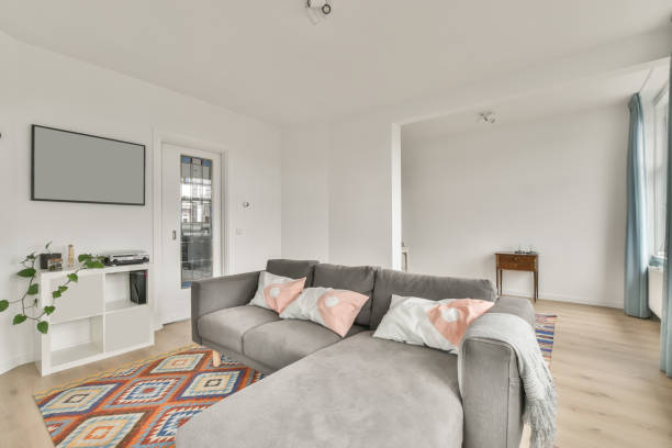 istock A small living room with a gray sofa 1388088381