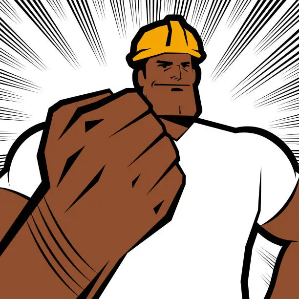 Vector illustration of A blue-collar worker wears a work helmet and raises a fist, comics effects lines background