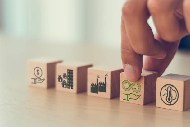 istock Circular economy concept. Business and environment sustainable. Climate changing problem solving goals.
Putting flat wooden cube with sustainability and pollution sources icons with smart background. 1388090339