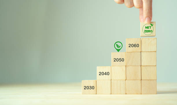istock Net zero by 2050. Carbon neutral. Sustainalble development. Successful execution of green business. Goal checked in 2050. Go green company culture. Hand puts wooden cube with net zero icon, copy space 1388090340