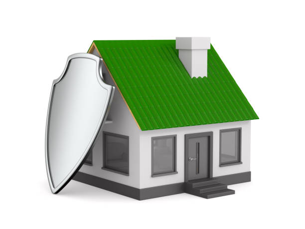 istock house and shield on white background. Isolated 3d illustration 1388090542