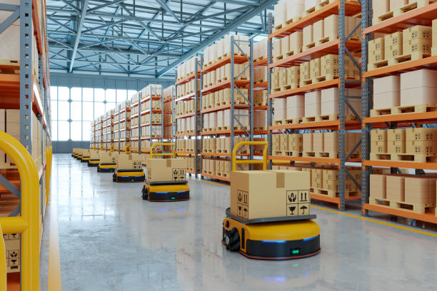 istock AGV (Automated guided vehicle) in warehouse logistic and transport. 1388093387