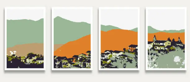 Vector illustration of Vector Classical Style Engraving Mountain Village Landscape Scene Banner Card Design Element,Abstract Backgrounds Collection