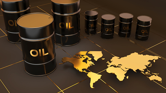 Oil barrel on black background and golden world map,Oil prices affect travel and transportation finance businesses.,Energy costs in business,3d rendering