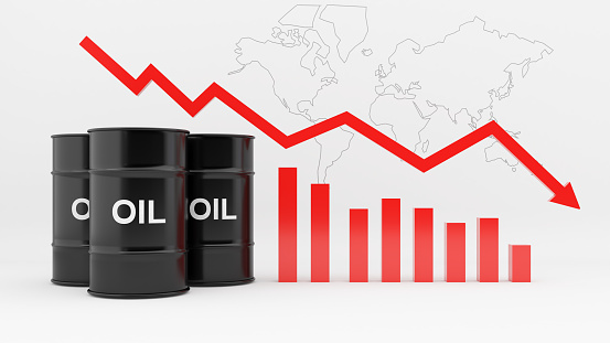 Oil barrel on white background with stock price chart down and world map,Oil prices affect travel and transportation finance businesses.,Energy costs in business,3d rendering