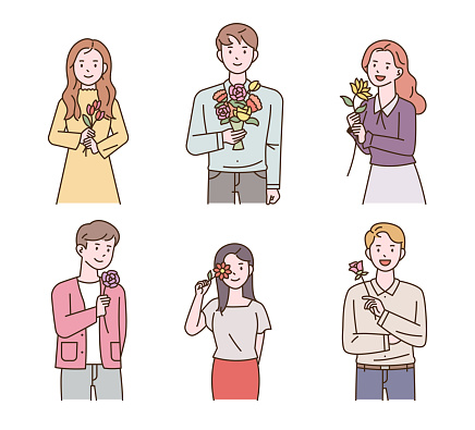 People are holding flowers. flat design style vector illustration.
