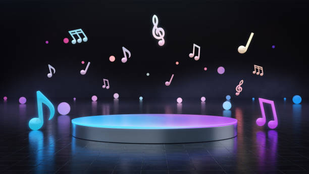 The platform for product showcase in the dark background with a colorful musical note. The platform for product showcase in the dark background with a colorful musical note.3D rendering. neon music notes stock pictures, royalty-free photos & images